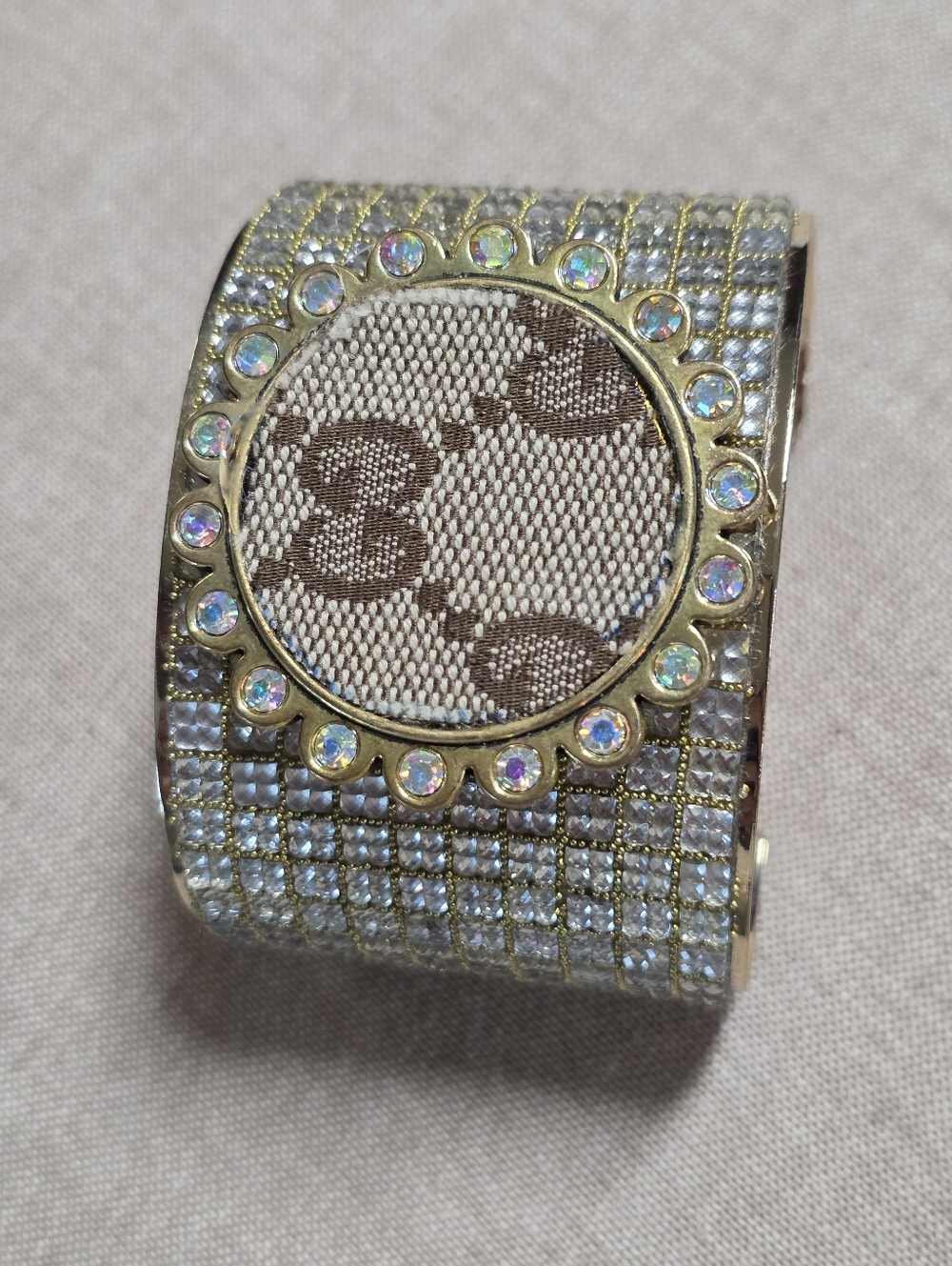 Large Beautiful Designer Inspired Rhinestone Gold Cuff Bracelet - Picture 2 of 7